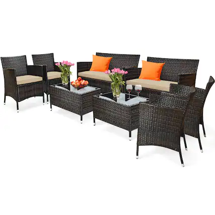 Alt View 1. Gymax - Gymax 8PCS Patio Rattan Outdoor Furniture Set w/ Cushioned Chair Loveseat Table - Khaki.