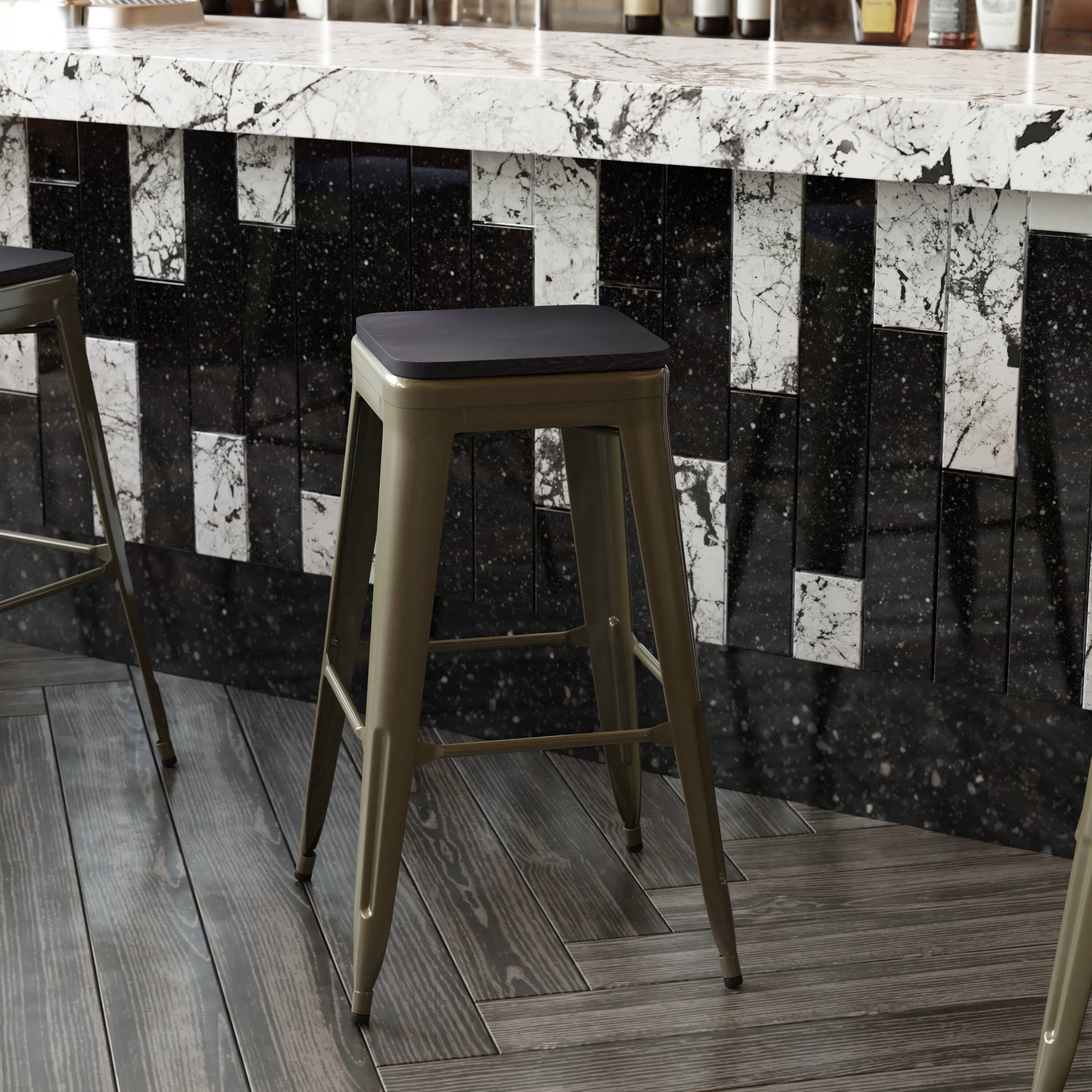 Alt View 4. Emma + Oliver - Cory Set of Four Backless Metal Stools with All-Weather Poly Resin Seats for Indoor Use Only - Black Resin Wood Seat/Gun Metal Frame.