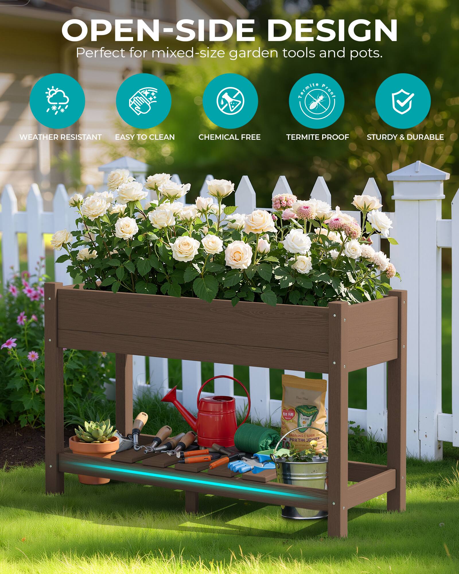 OPEN-SIDE DESIGN  
Perfect for mixed-size garden tools and pots.  

WEATHER RESISTANT  
EASY TO CLEAN  
CHEMICAL FREE  
TERMITE PROOF  
STURDY & DURABLE