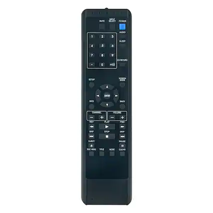 MUTE
INPUT SELECT
POWER
AUDIO
SLEEP
CH RETURN
+10
SETUP
SCREEN MODE
ENTER
INFO
BACK
VOLUME
PLAY
FWD
STOP
SKIP
PAUSE
REV
SKIP
EJECT
DISC MENU
TITLE
MODE
CLEAR