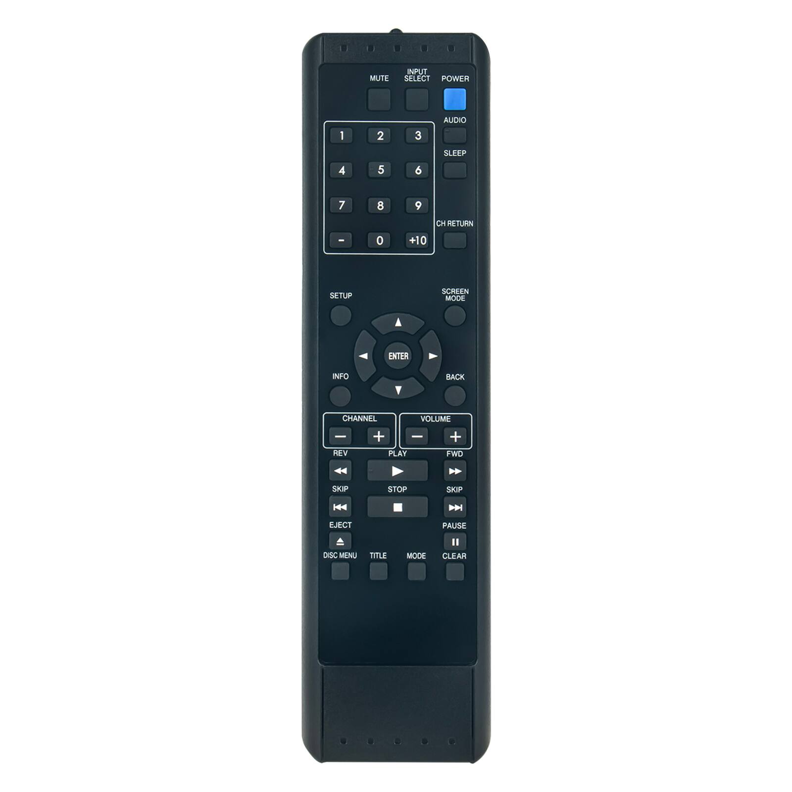 MUTE  
INPUT SELECT  
POWER  
AUDIO  
SLEEP  
CH RETURN  
+10  
SETUP  
SCREEN MODE  
ENTER  
INFO  
BACK  
VOLUME  
PLAY  
FWD  
STOP  
SKIP  
PAUSE  
REV  
SKIP  
EJECT  
DISC MENU  
TITLE  
MODE  
CLEAR