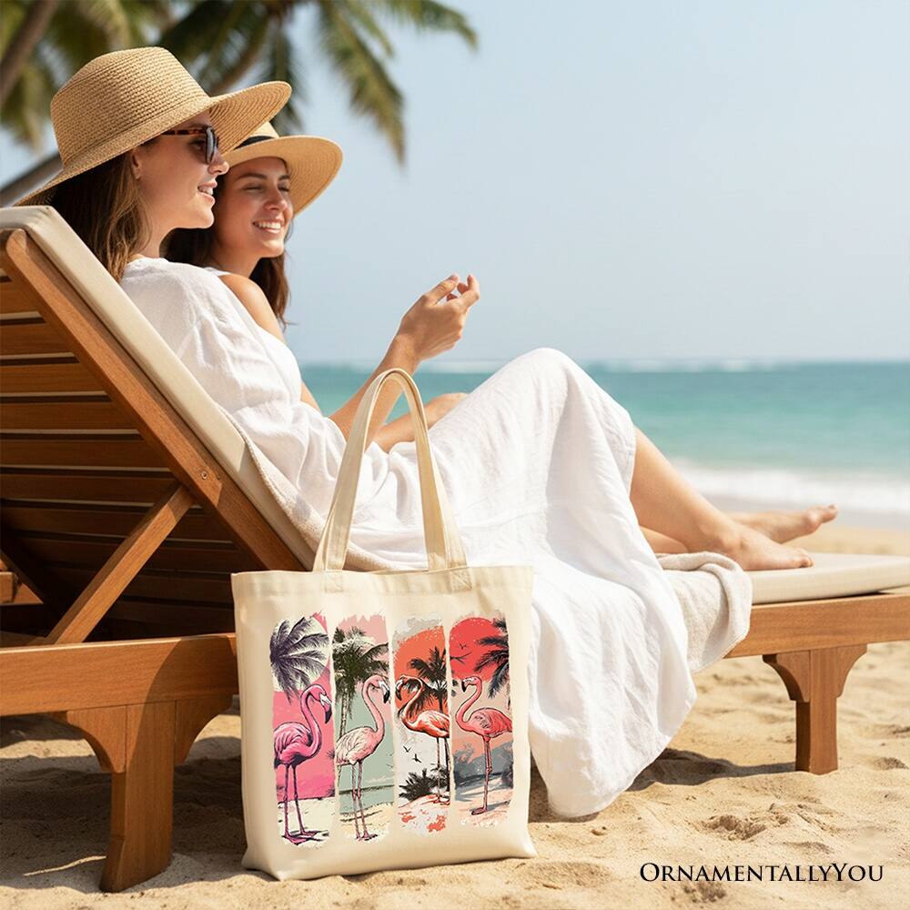 Left. OrnamentallyYou - Summer Flamingo Beach Canvas Tote Bag, Retro Vacation Tropical Sunset Gift Shopper - Beige.