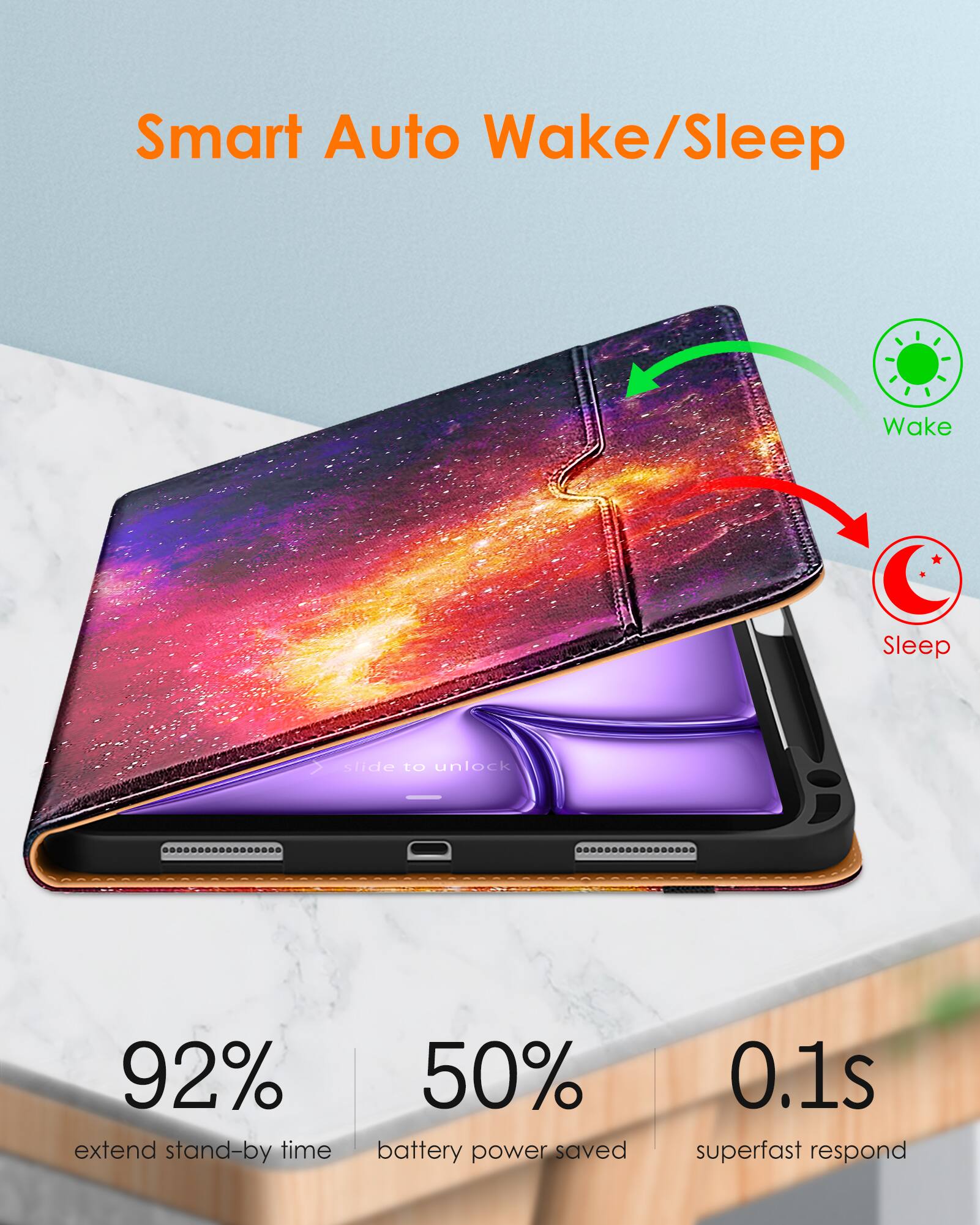 Smart Auto Wake/Sleep

slide to unlock

92% extend stand-by time

50% battery power saved

0.1s superfast respond