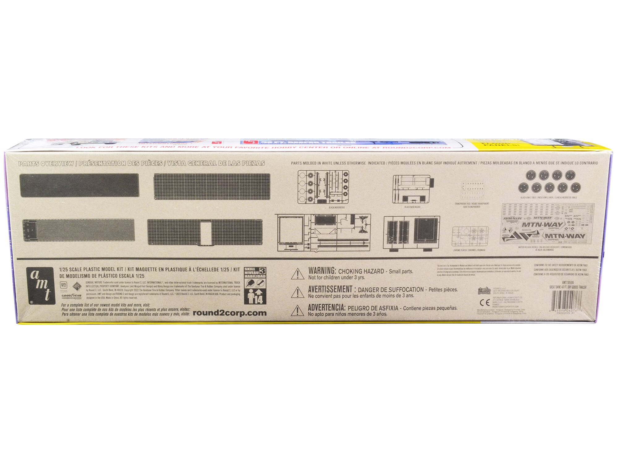 Sure, here is the corrected and grouped text from the image:

---

**Parts Overview / Presentation des Pièces / Vista General de las Piezas**

**Parts Molded in White Unless Otherwise Indicated / Pièces Moulees en Blanc sauf Indique Autrement / Piezas Moldeadas en Blanco a Menos Que se Indique lo Contrario**

**1/25 Scale Plastic Model Kit / Kit Maquette en Plastique à l'Échelle 1/25 / Kit de Modelismo de Plástico Escala 1/25**

**a m t**

**For a complete list of our newest model kits and more, visit: round2corp.com**

**Para obtener una lista completa de nuestros kits de modelos nuevos y más, visite: round2corp.com**

**WARNING: CHOKING HAZARD - Small parts. Not for children under 3 yrs.**

**AVERTISSEMENT: DANGER DE SUFFOCATION - Petites pièces. Ne convient pas pour les enfants de moins de 3 ans.**

**ADVERTENCIA: PELIGRO DE ASFIXIA - Contiene piezas pequeñas. No apto para niños menores de 3