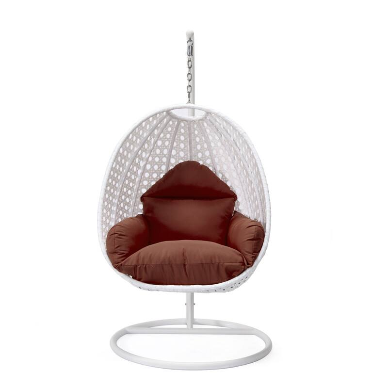 Left. LeisureMod - LeisureMod Modern Handwoven White Wicker Egg Swing Chair with Stand - Single Hanging Indoor/Outdoor Chair for Patio - Cherry.