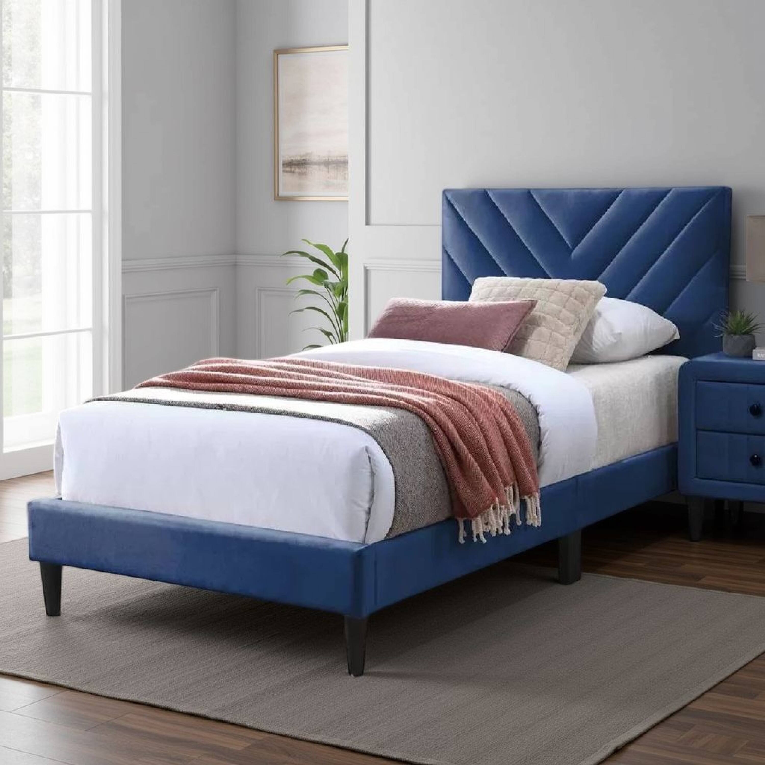 Alt View 5. Manhattan Lane - Lilian Full Bed, Tufted Navy Blue Velvet Upholstery, Chevron Stitch - Navy Blue, Black.