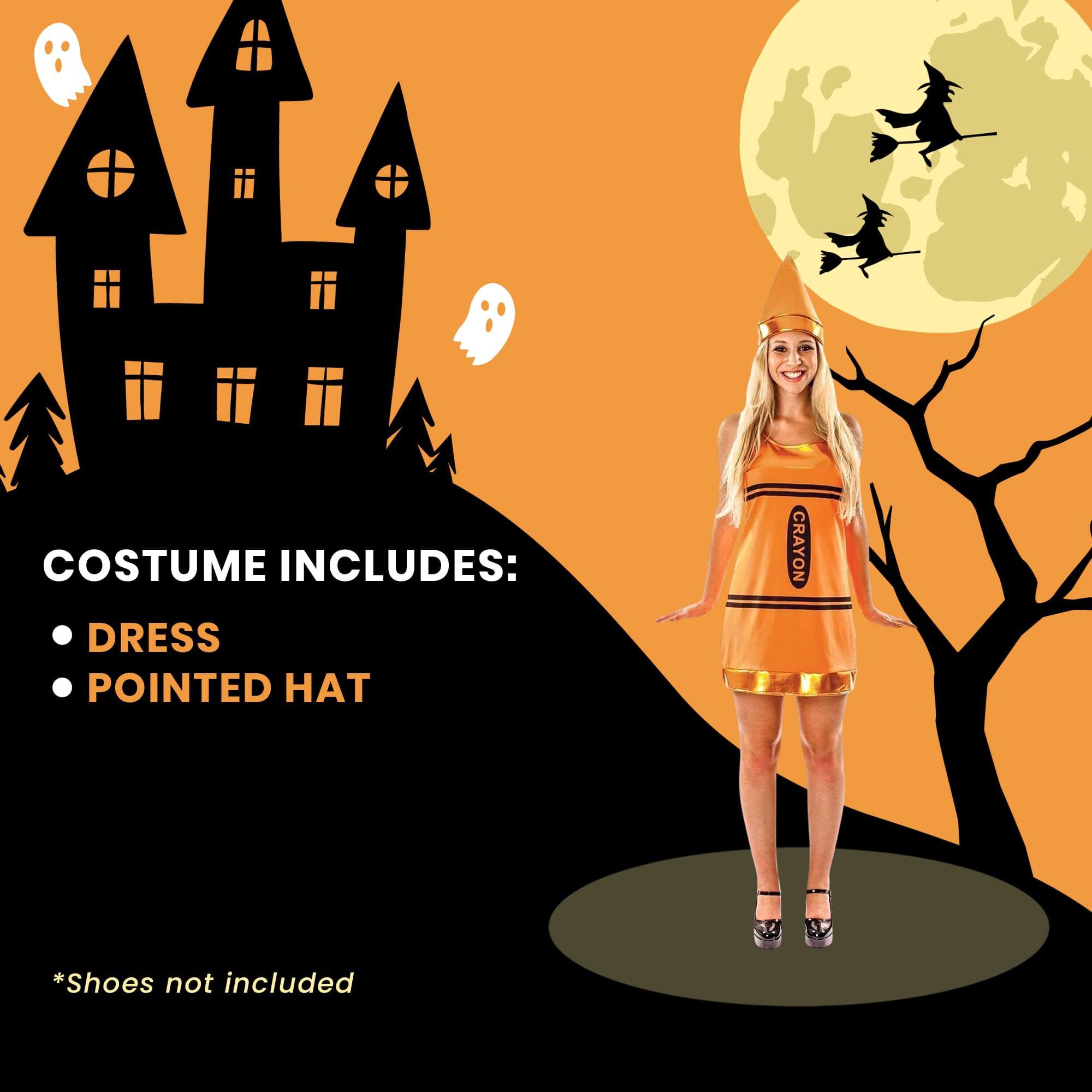COSTUME INCLUDES:
- DRESS
- POINTED HAT

*Shoes not included