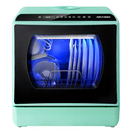 Front. AIRMSEN - AIRMSEN Portable Countertop Dishwasher with 5L Water Tank - 5 Washing Programs Tabletop Dishwasher - Mint Green - Mint Green.