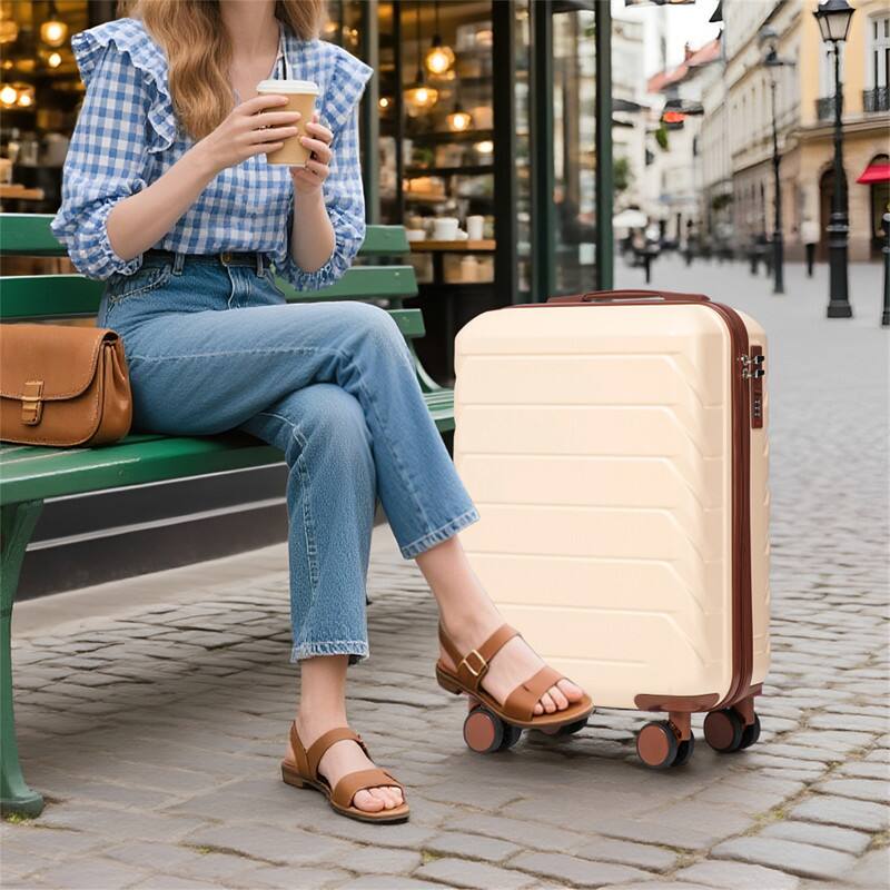 Alt View 6. HTUTWOO - 14"/20" Set of 2 ABS Spinner Wheel Luggage with Combination Lock - 360° Rotating Handle, Anti-Fall Protective Cover - Beige.