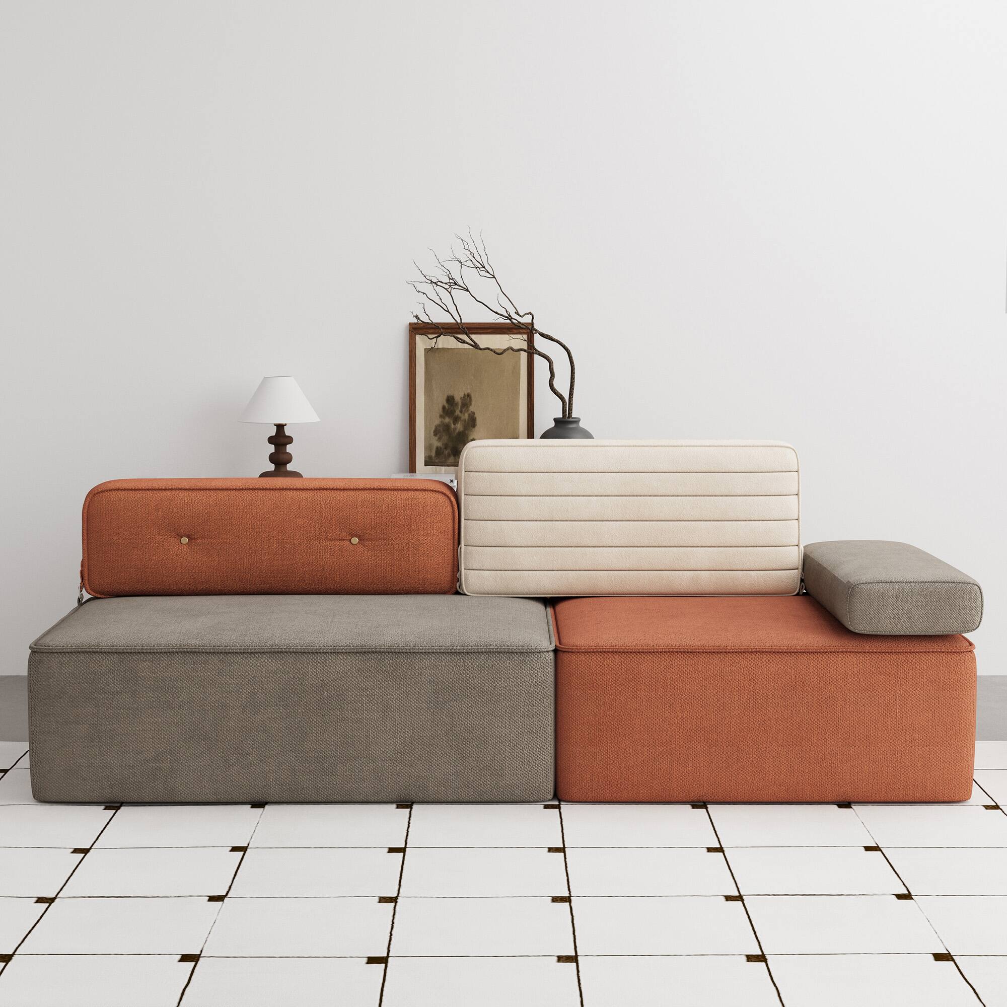 Back. luck idea - 79.9" Modular Color-Block Sofa, Flannel Fabric, Removable & Washable Design - Orange.