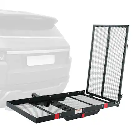 Front. VEVOR - Hitch Mount Cargo Carrier, 45.3" x 25.6" Iron Hitch Cargo Rack with Folding Ramp, with Stabilizer and Straps - Black.