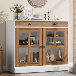 Qeetex - 35.4" Sideboard Buffet Cabinet with Glass Door & Drawer - White+Brown