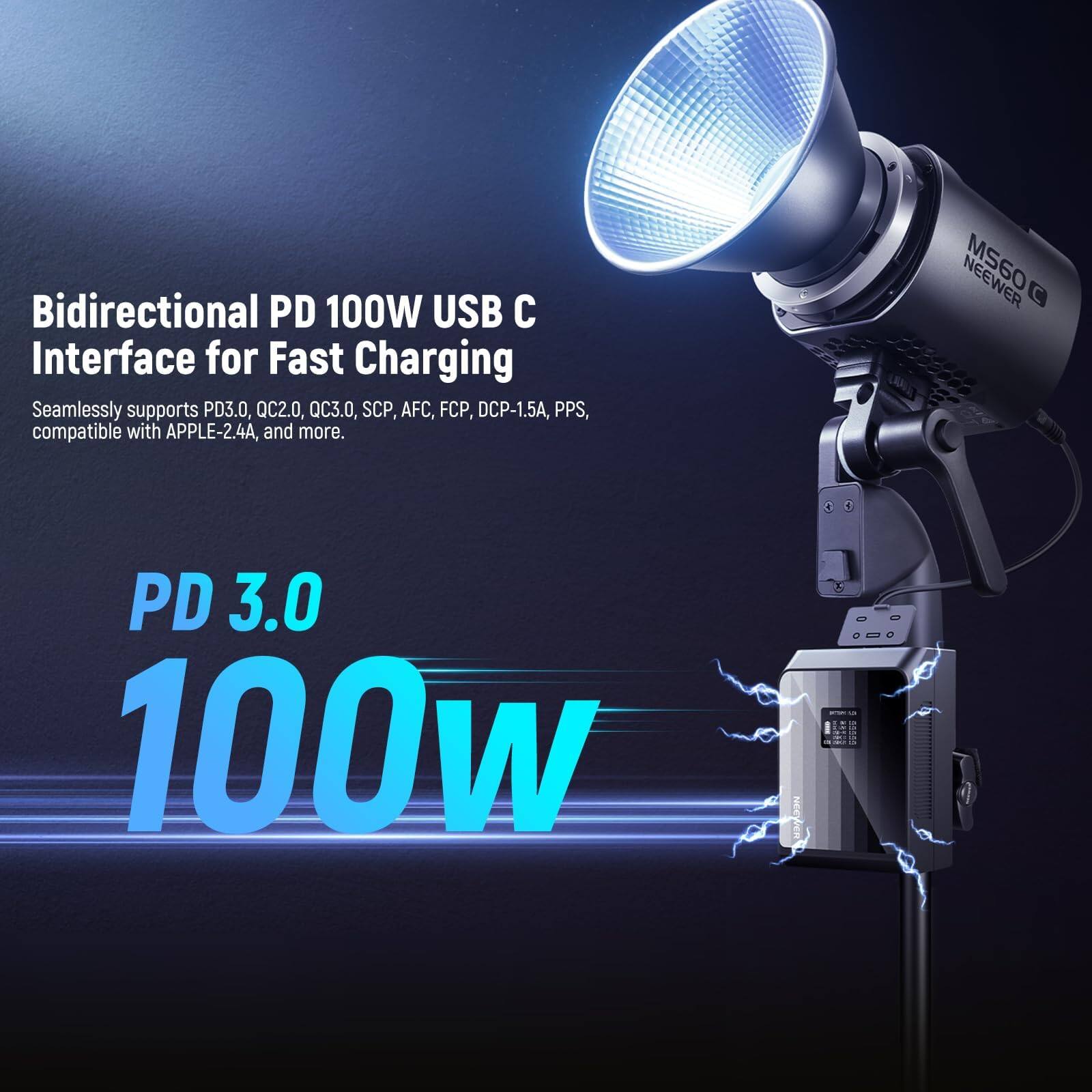 Bidirectional PD 100W USB C Interface for Fast Charging

Seamlessly supports PD3.0, QC2.0, QC3.0, SCP, AFC, FCP, DCP-1.5A, PPS, compatible with APPLE-2.4A, and more.

PD 3.0 100W