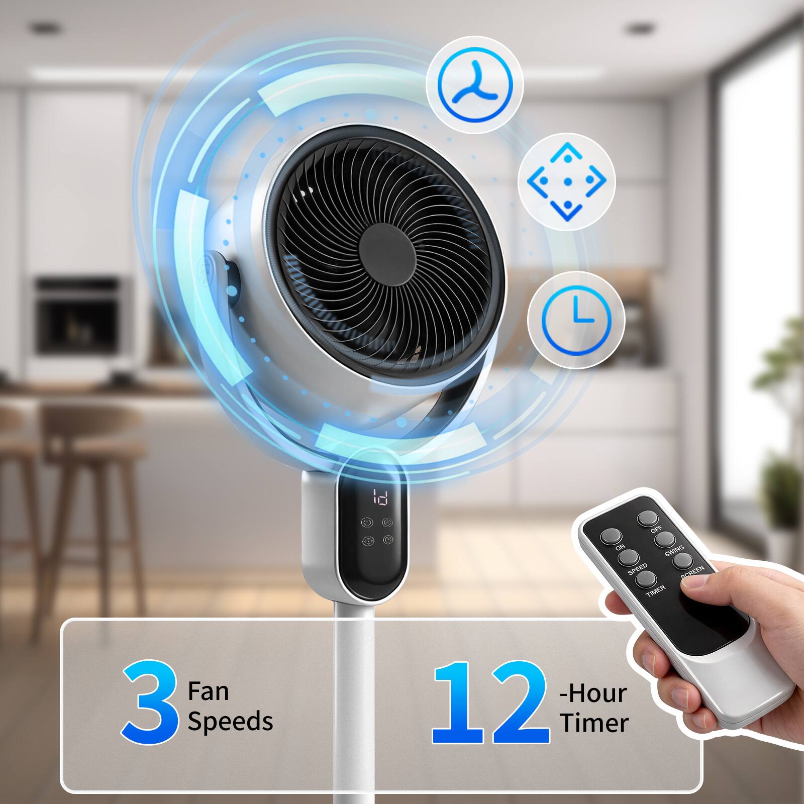 0 - Lm SWING SED SCR SCREEN TIME Fan 3 Speeds 12 -Hour Timer