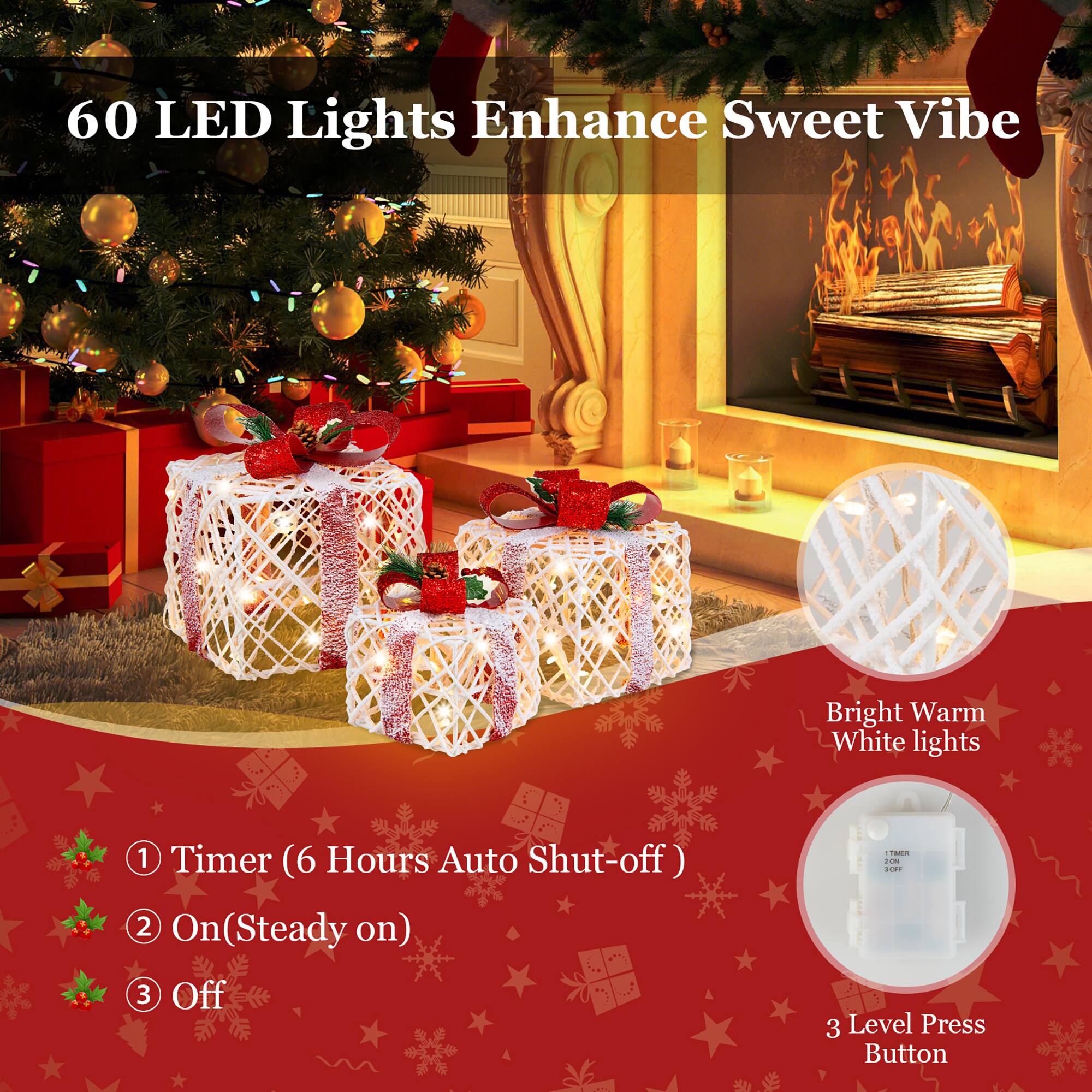 60 LED Lights Enhance Sweet Vibe Bright Warm White lights 1 Timer (6 Hours Auto Shut-off) 2 On (Steady on) 3 Off - ! .... 3 Level Press Button