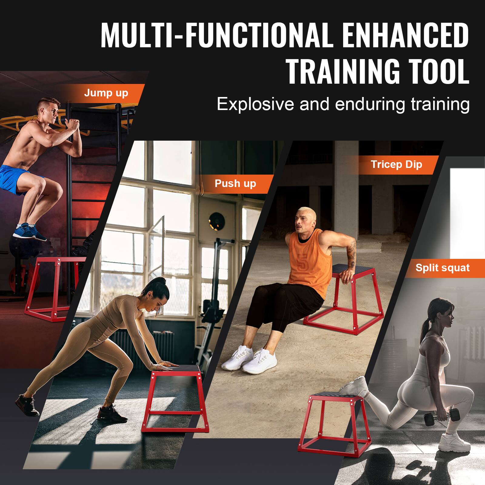 The text in the image can be grouped and corrected as follows:

**Title:**
- MULTI-FUNCTIONAL ENHANCED TRAINING TOOL

**Subtitle:**
- Explosive and enduring training

**Exercises:**
1. Jump up
2. Push up
3. Tricep Dip
4. Split squat
