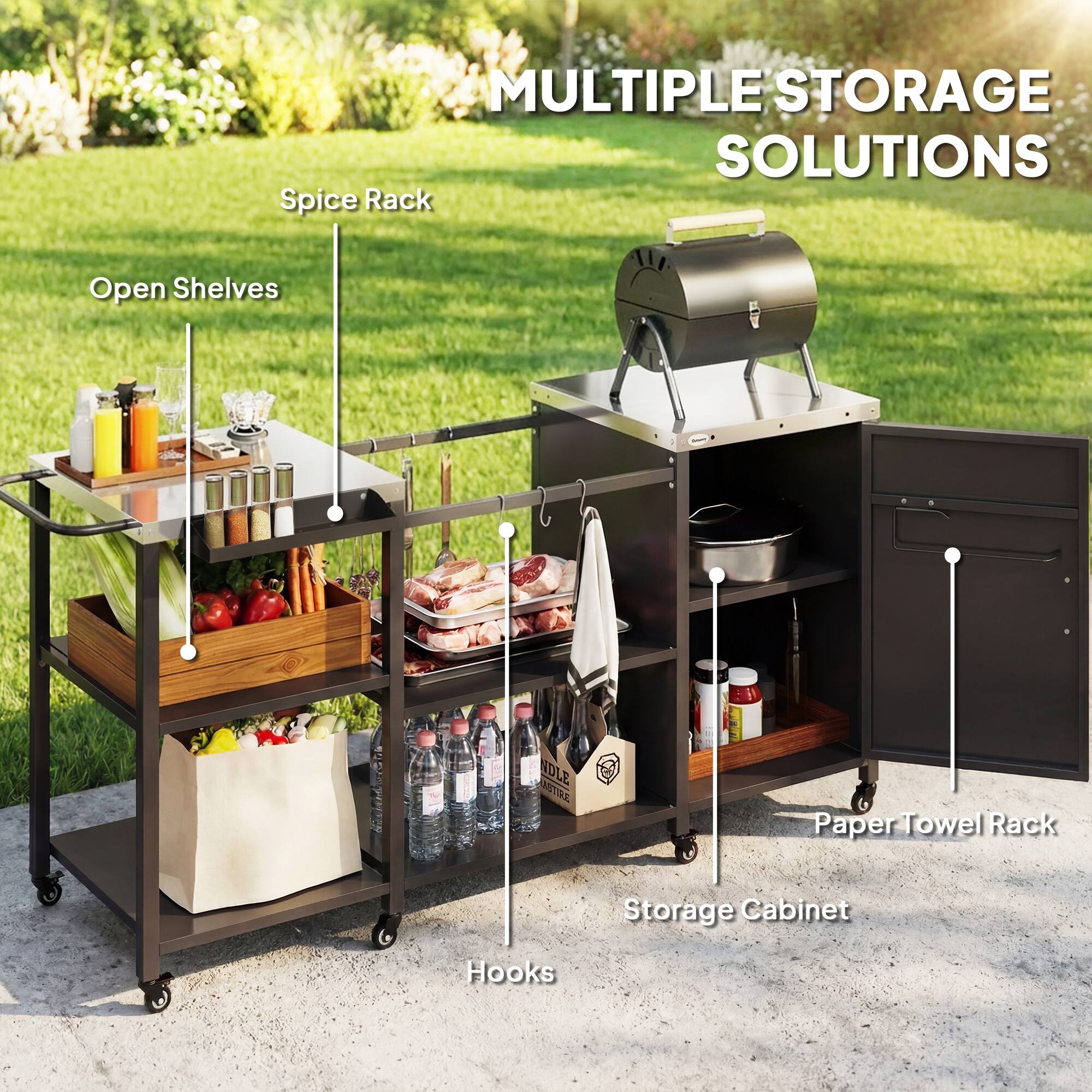 MULTIPLE STORAGE SOLUTIONS

- Spice Rack
- Open Shelves
- Paper Towel Rack
- Storage Cabinet
- Hooks