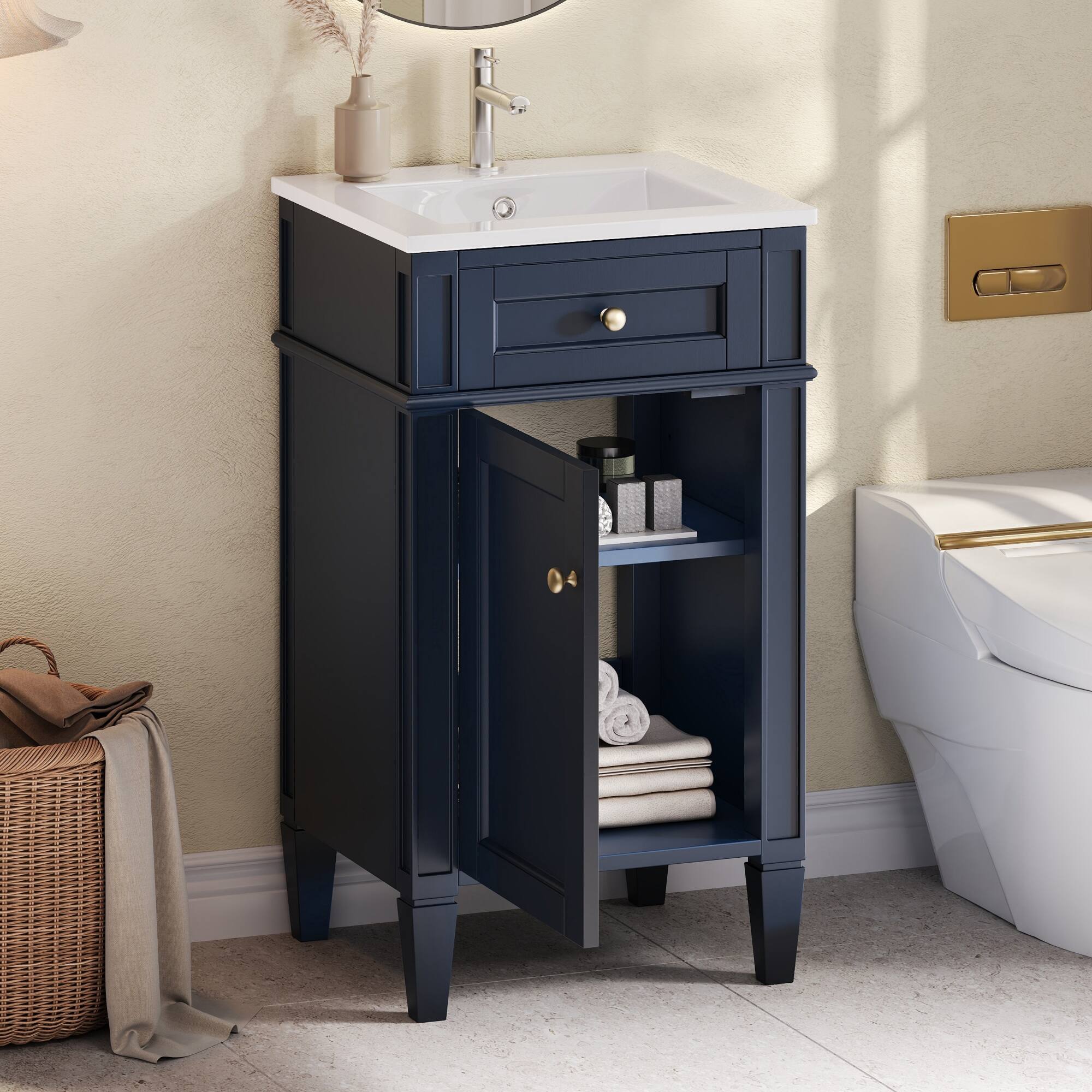 Back. JUJABU - Blue 18-inch Freestanding Bathroom Vanity with Ceramic Sink and Adjustable Shelf - Blue.