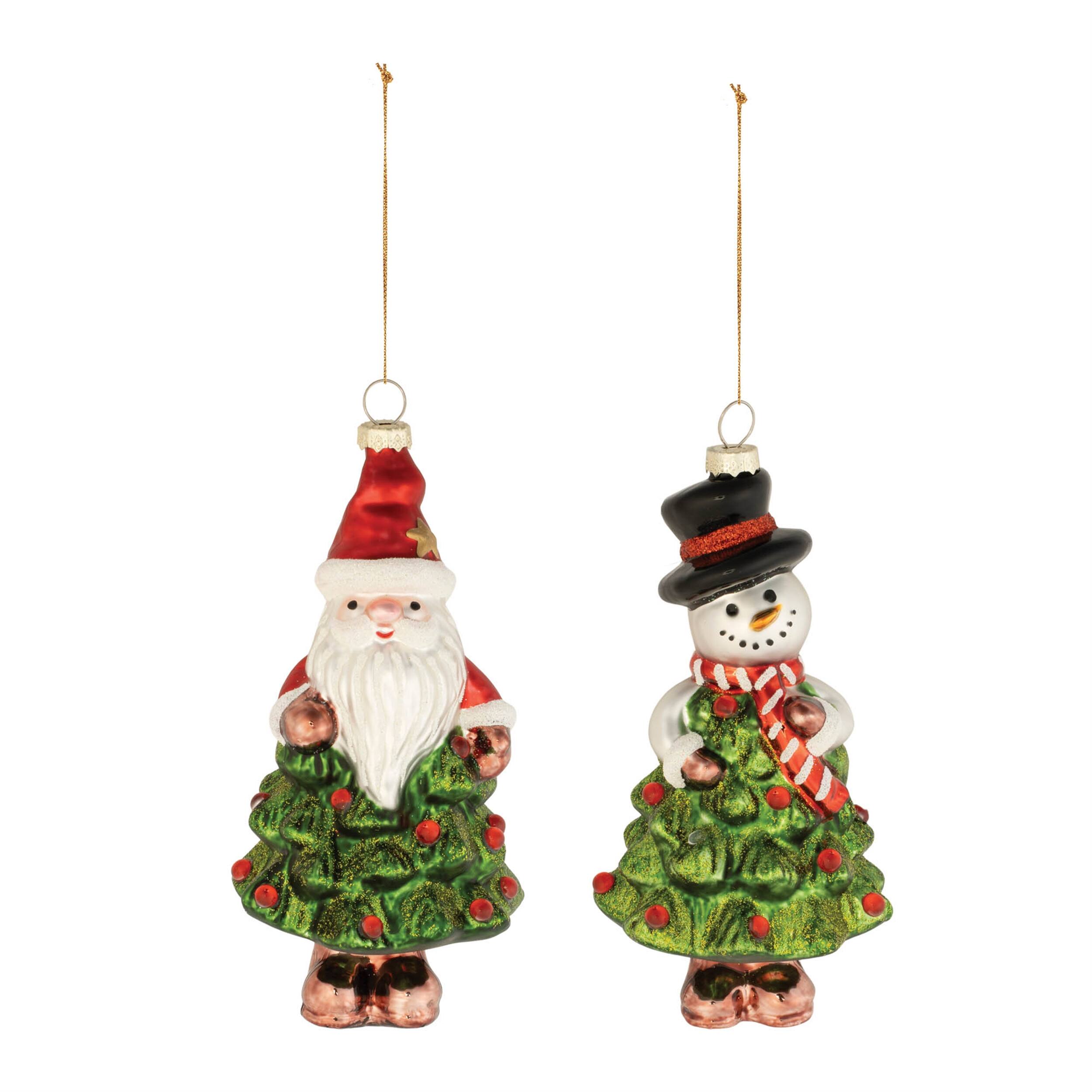 Angle. BreeBe - Glass Santa and Snowman Christmas Tree Ornament (Set of 12) - White, Red, Green.