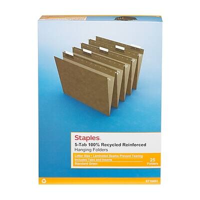 Staples  
5-Tab 100% Recycled Reinforced Hanging Folders  
Letter Size  
Laminated Seams Prevent Tearing  
Includes Tabs and Inserts  
Standard Green  
25 Folders  
ST16403