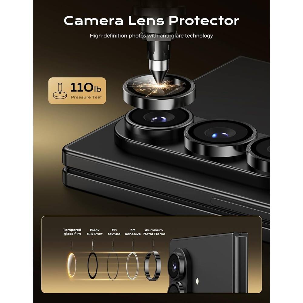 Camera Lens Protector  
High-definition photos with anti-glare technology  

110 lb Pressure Test  

Tempered glass film  
Black Silk Print  
CD texture  
3M adhesive  
Aluminum Metal Frame  
Minimum Frame