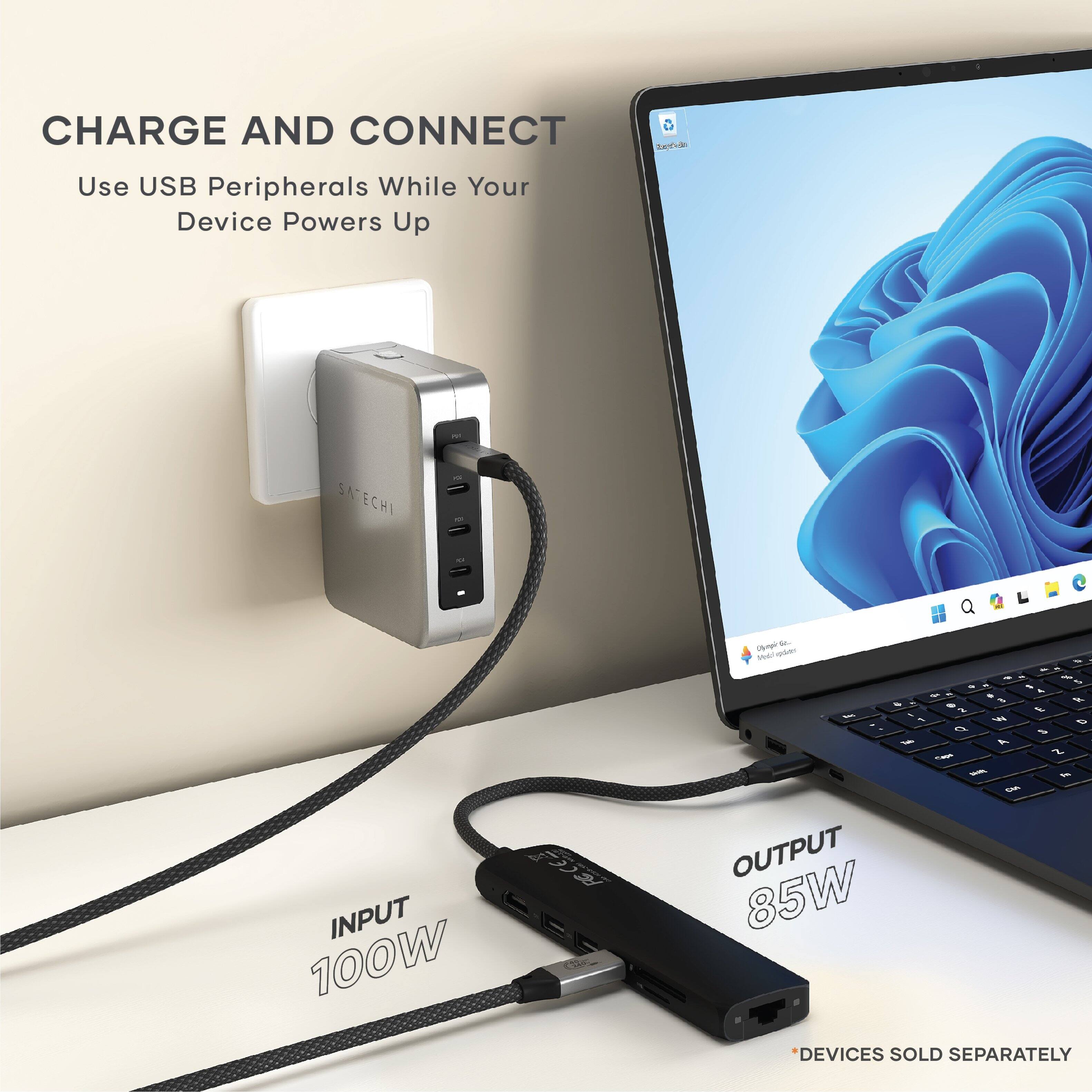 CHARGE AND CONNECT: Use USB Peripherals While Your Device Powers Up. Satechi I - Model - 85W 100W USB-C Power Delivery 2.0 Hub. Input: 100W Output: 85W. Devices sold separately.