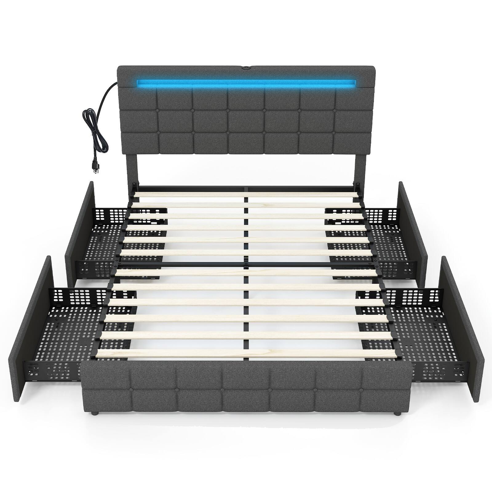 Front. LUCKY ONE - Queen Assembled Upholstered LED Bed Frame with Headboard Drawers USB Charging - Grey-Queen.
