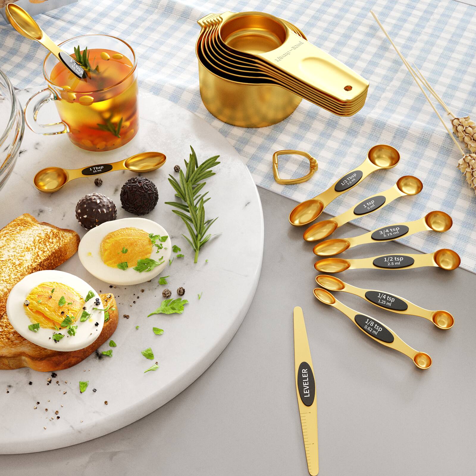 Here is the corrected and grouped text from the image:

- 1 TSP = 5 ml
- 1/2 TSP = 2.5 ml
- 1/4 TSP = 1.25 ml
- 1/8 TSP = 0.625 ml
- LEVELER

- 1/2 tsp 2.5 ml
- 1/4 tsp 1.25 ml
- 1/8 tsp 0.625 ml

- LEVELER