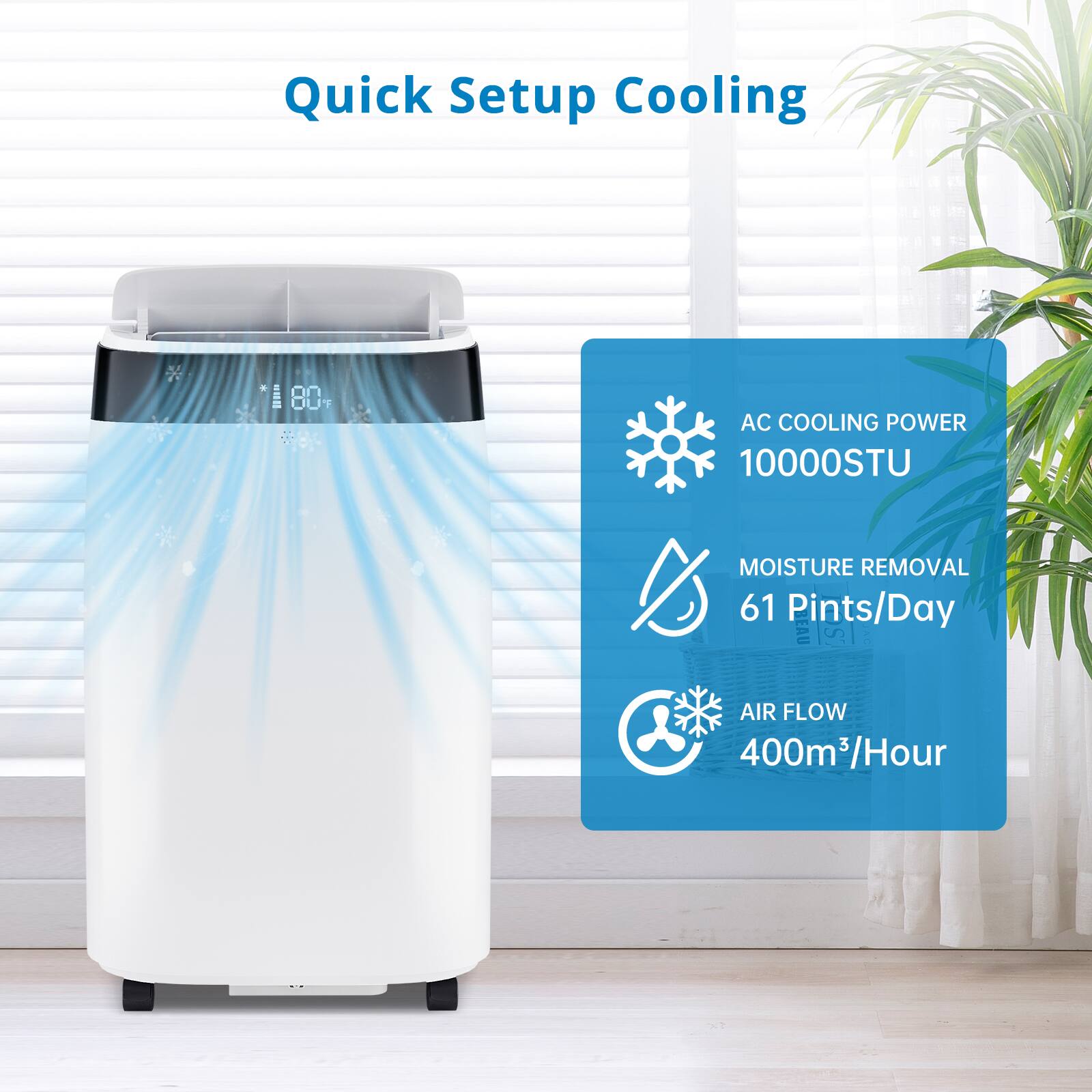 Quick Setup Cooling  
AC COOLING POWER 10000STU  
MOISTURE REMOVAL 61 Pints/Day  
AIR FLOW 400m³/Hour