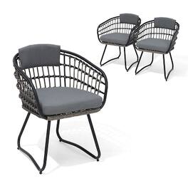Crestlive Products - Set of 3 Black Steel Frame Stationary Dining Chair PE Rattan Wicker Cushioned Seat - Gray-3PC