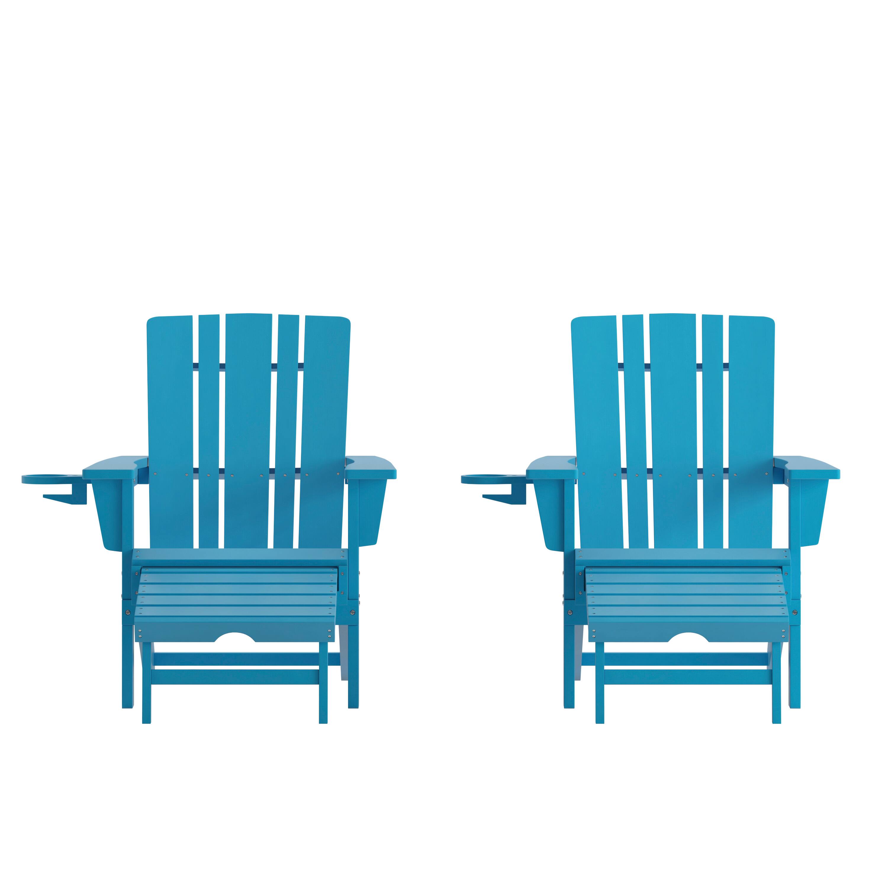 Emma + Oliver - Haley Set of 2 Adirondack Chairs with Cup Holders and Pull Out Ottoman, All-Weather HDPE Indoor/Outdoor Lounge Chairs - Blue price history on PriceWatchPro