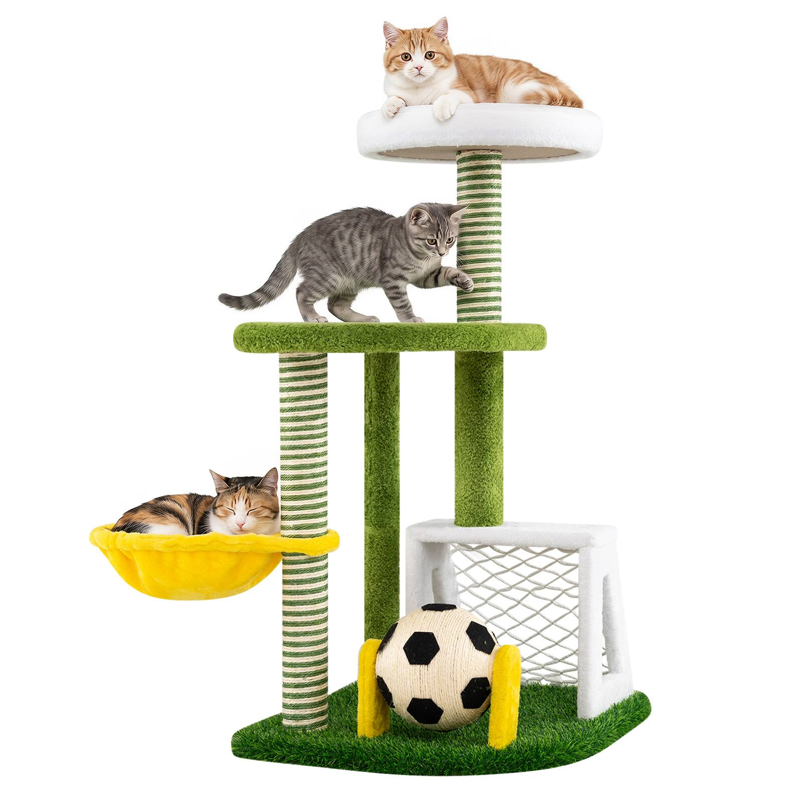Front. Gymax - Gymax Modern Cat Tree Cat Tower w/Perches Hammock Sisal Scratching Post Soccer Ball Green & Yellow & White - Green.