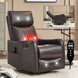 Ropilly - Faux Leather Massage Recliner, 360 Degree Swivel Rocker Chair With Lumbar Heat - Brown