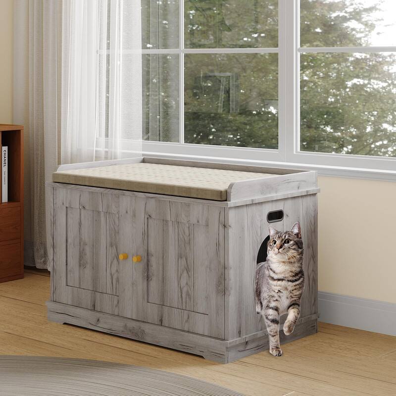 Alt View 4. GARVEE - Modern Wooden Hidden Cat Litter Box Enclosure w/Barn Doors - Ventilated Large Capacity Pet House & Storage Bench - Gray.