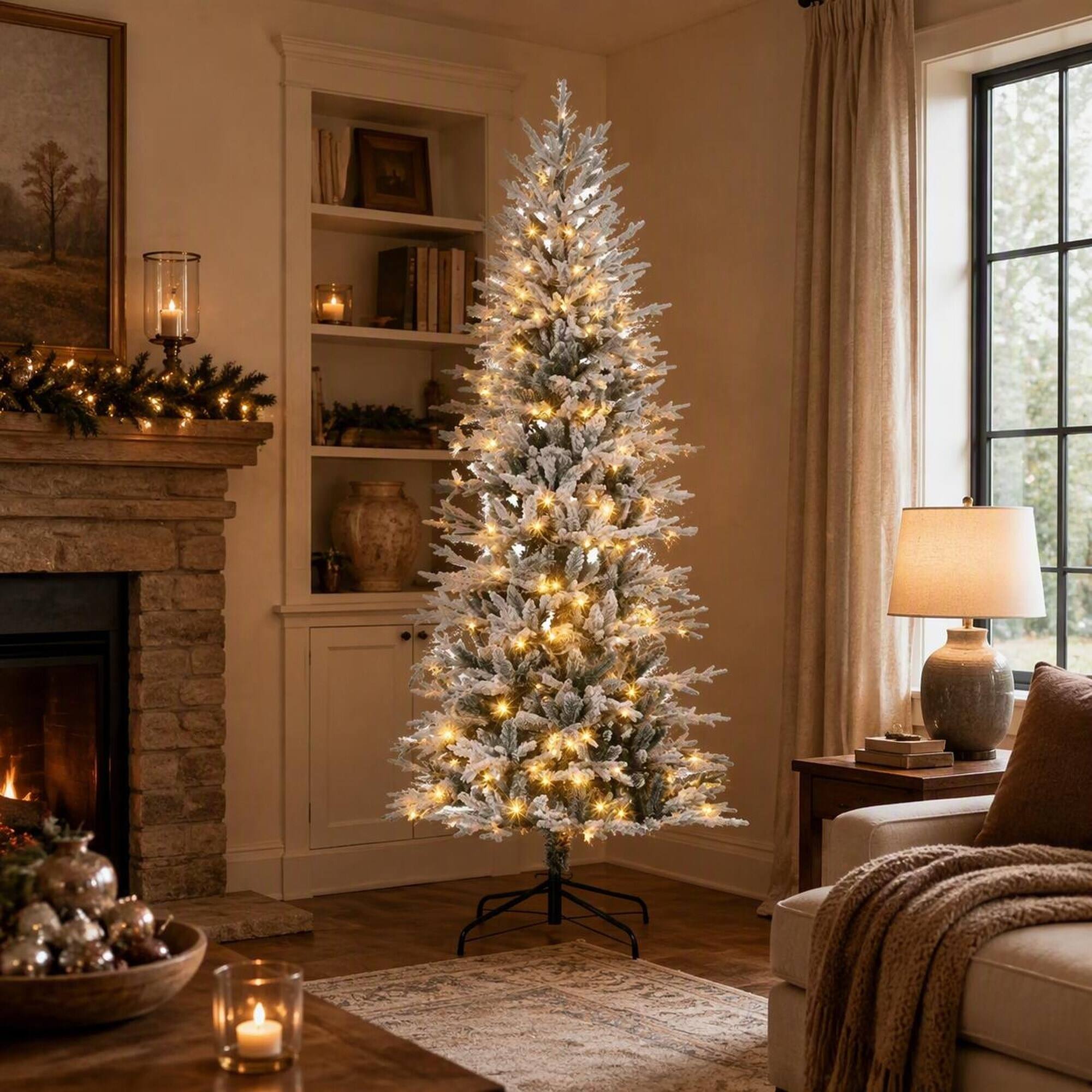 Left. RYHNUYNE - Pre-Lit Artificial Flocked Christmas Tree, Snow Branches Warm Yellow Lights Auto-Open Design Dense Realistic Foliage - Green.