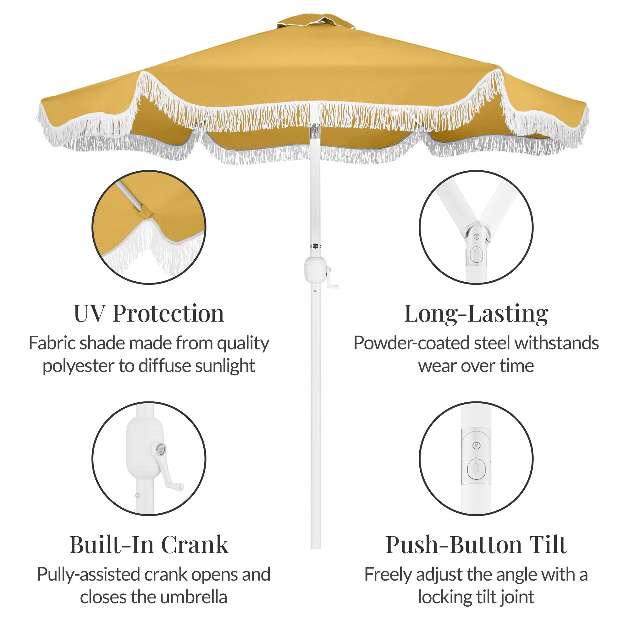UV Protection  
Fabric shade made from quality polyester to diffuse sunlight

Long-Lasting  
Powder-coated steel withstands wear over time

Built-In Crank  
Pully-assisted crank opens and closes the umbrella

Push-Button Tilt  
Freely adjust the angle with a locking tilt joint