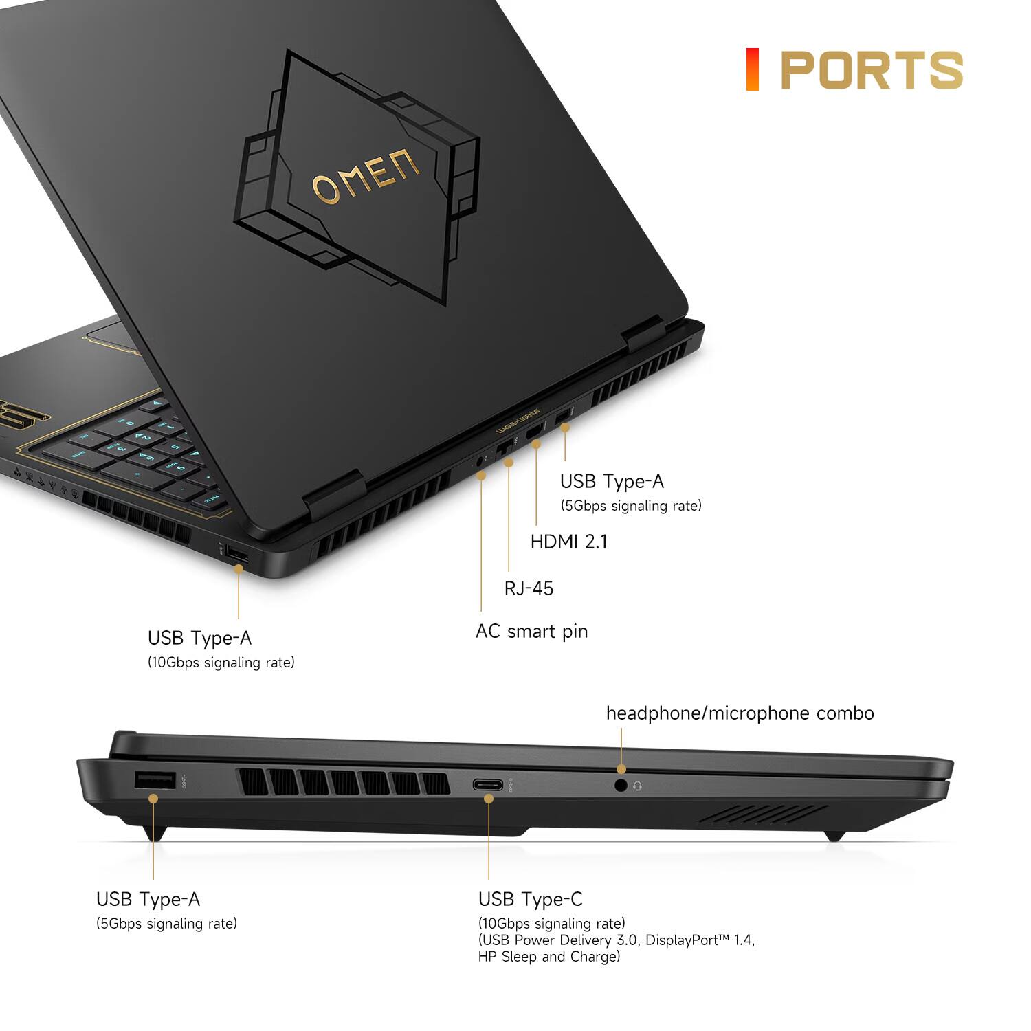 PORTS

- USB Type-A (5Gbps signaling rate)
- HDMI 2.1
- RJ-45
- AC smart pin
- Headphone/microphone combo
- USB Type-A (10Gbps signaling rate)
- USB Type-A (5Gbps signaling rate)
- USB Type-C (10Gbps signaling rate)
- USB Power Delivery 3.0, DisplayPort 1.4, HP Sleep and Charge