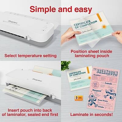 Simple and easy

1. Select temperature setting
2. Position sheet inside laminating pouch
3. Insert pouch into back of laminator, sealed end first
4. Laminate in seconds!

CERTIFICATE OF COMPLETION
Jaden Smith

THE BREAKROOM
Burgers!
Sweet Treats
Lunch
Drinks