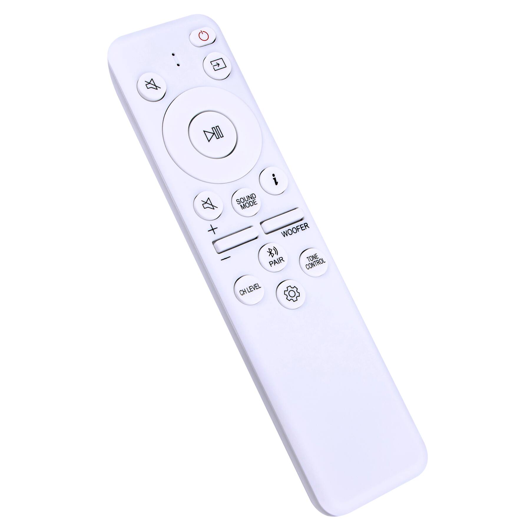 - Power
- Menu
- Play/Pause
- Sound Mode
- Volume Up
- Volume Down
- Channel Up
- Channel Down
- WOOFER
- TONE PAIR CONTROL
- CH LEVEL
- Info