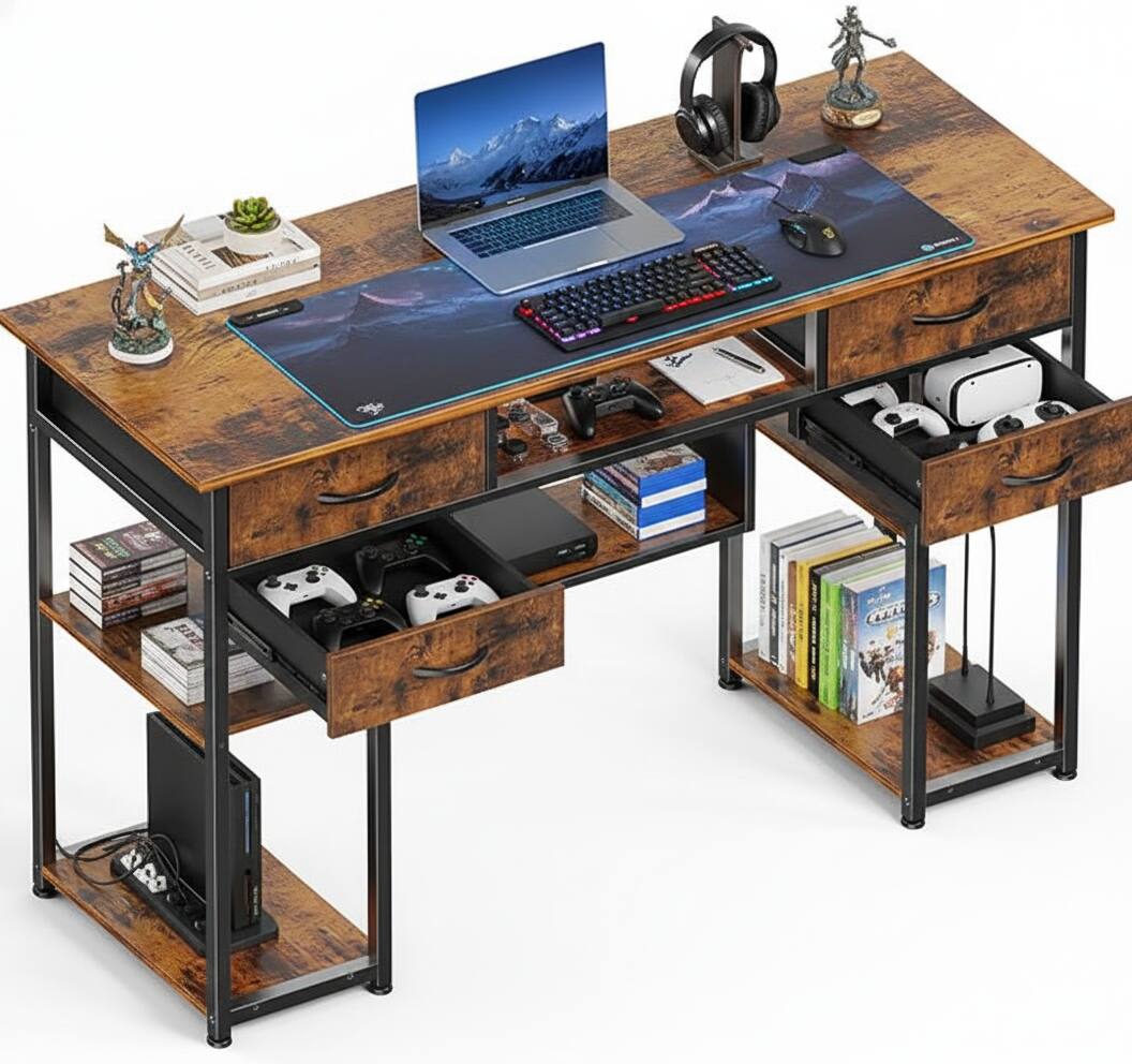 Alt View 4. AOITUN - 48 Inch brown Computer Desk, Modern Office Writing Table with 2 Drawers, Storage Shelves for Home & Gaming - Steel.