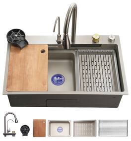 SereneLife - SL7546GG Stainless Steel Kitchen Sink, Undermount/Drop-In, 30"L x 18"W, Includes Faucet & Rack - Gray