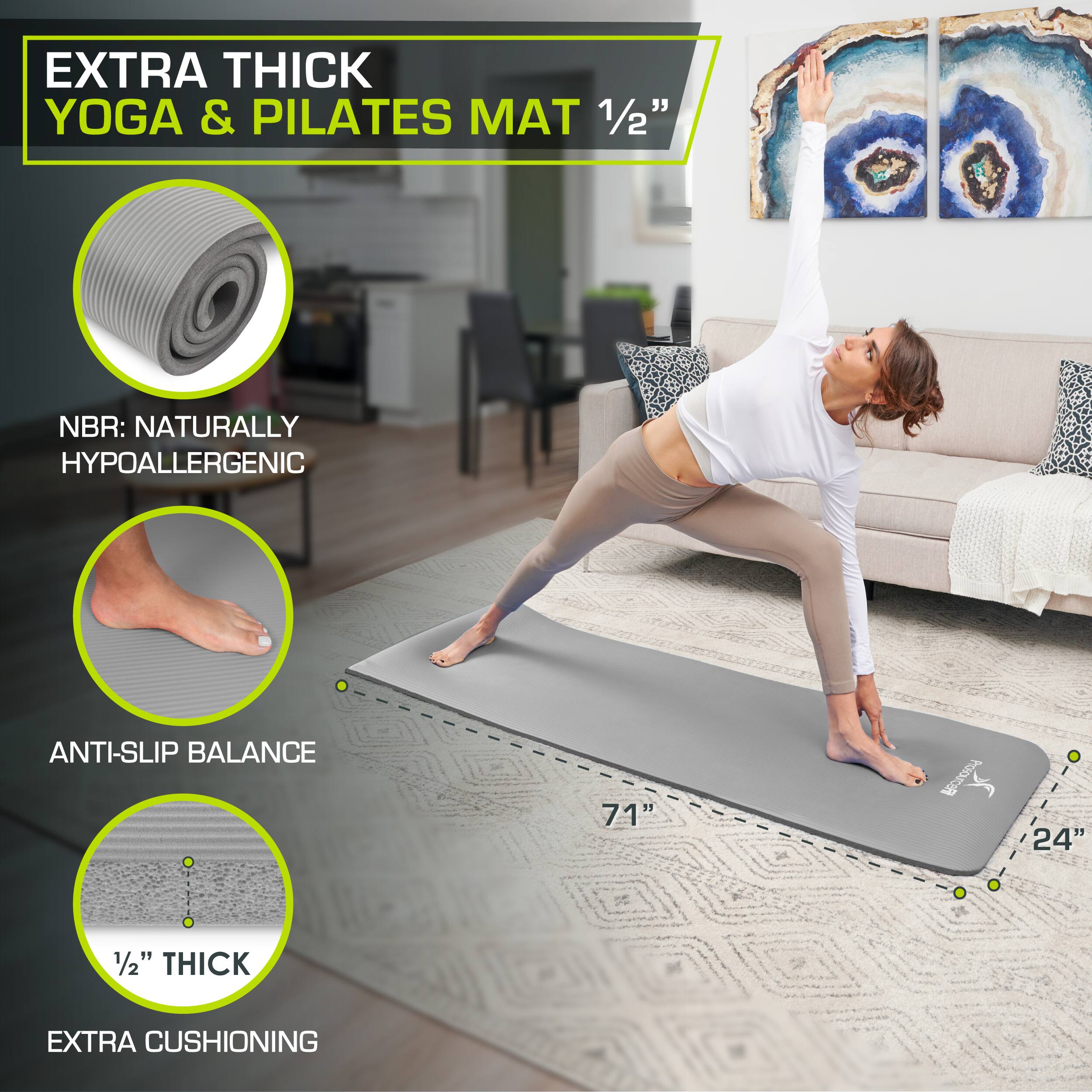 EXTRA THICK YOGA & PILATES MAT 1/2" NBR: NATURALLY HYPOALLERGENIC ANTI-SLIP BALANCE 71" 24" 1/2" THICK EXTRA CUSHIONING