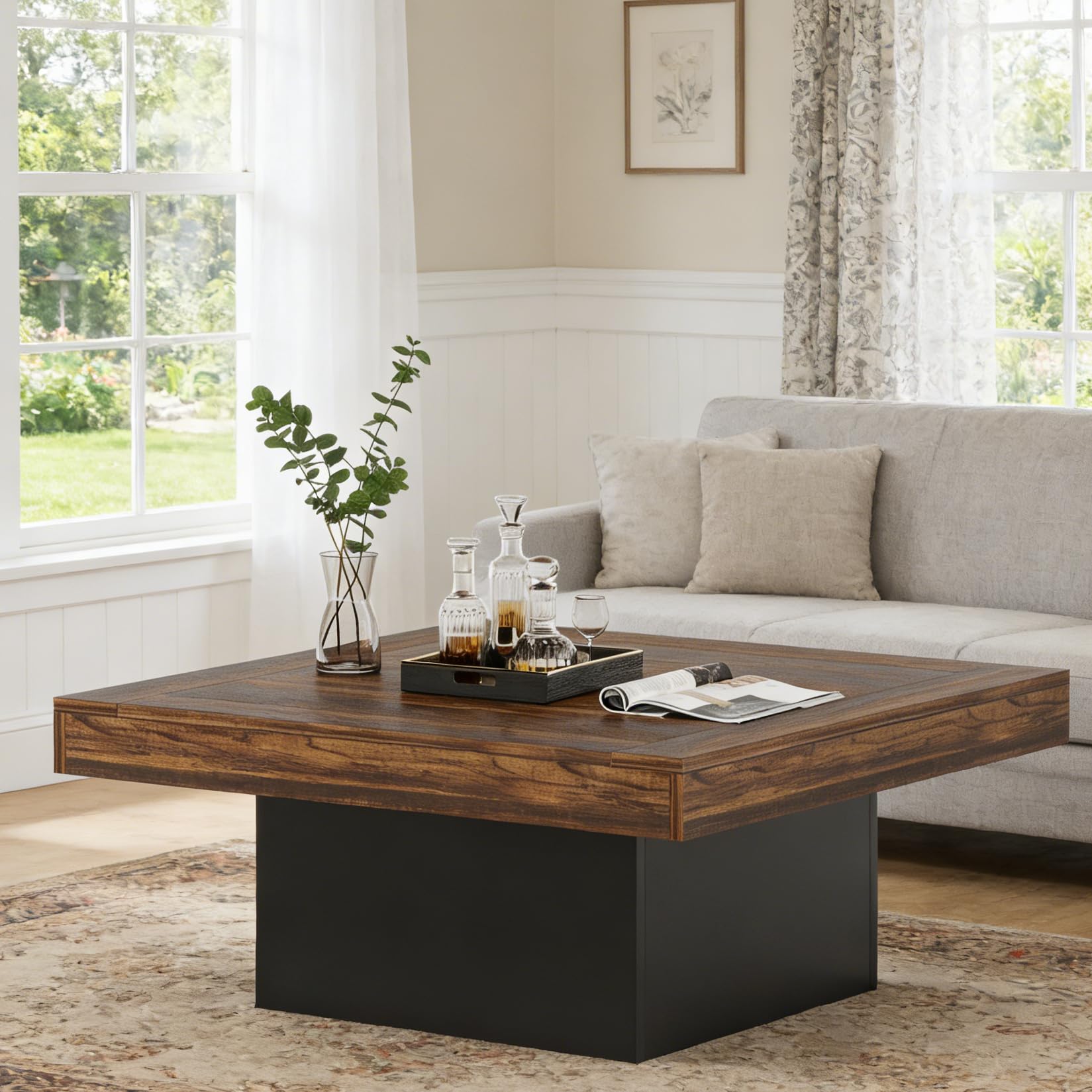 Alt View 3. Tribesigns - LED Coffee Table for Living Room, Modern Square Farmhouse Coffee Table with APP Control, 35.4" Walnut Wood Center Table, - Walnut.