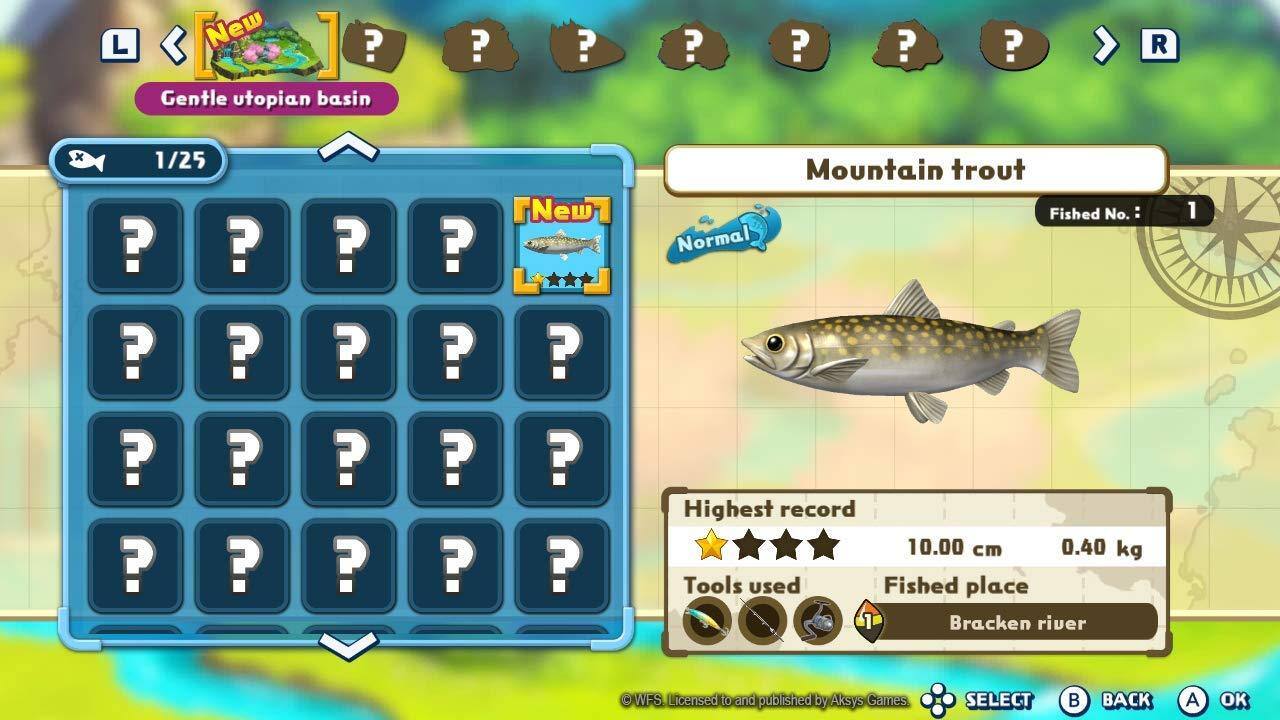 **Gentle Utopian Basin**

- **1/25**

**Mountain Trout**
- **Fished No.: 1**
- **Normal**
- **Highest Record:**
  - 10.00 cm
  - 0.40 kg
- **Tools Used:**
  - [Icon of a fishing rod]
- **Fished Place:**
  - Bracken River

**WFS Licensed to and published by Aksys Games**

**SELECT** **BACK** **OK**