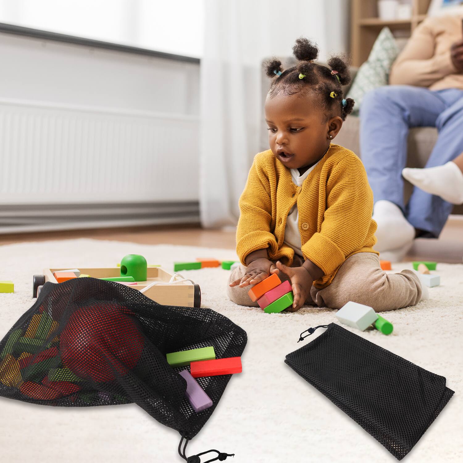 Alt View 2. GSE Games & Sports Expert - 18"x12" Mesh Drawstring Net Bag, Sports Equipment Storage Bag for Gym Gear, Clothes...(Black-6pack) - black.