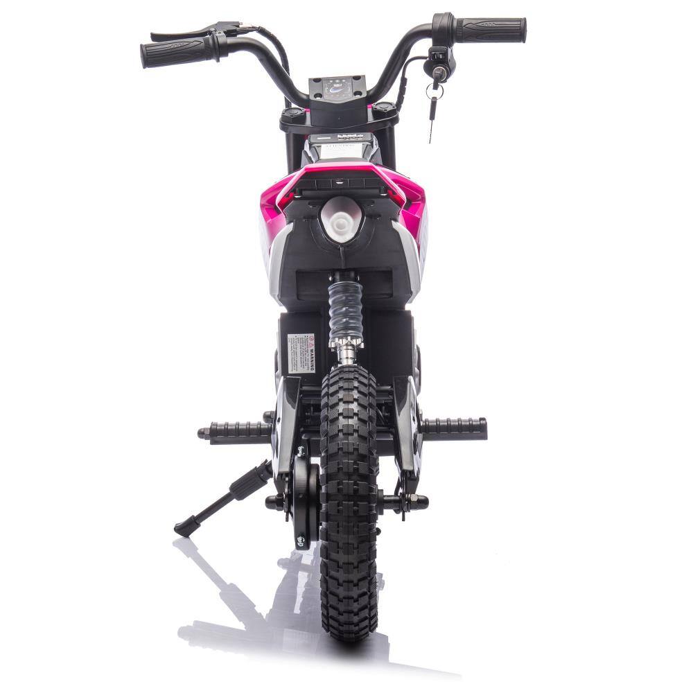 Angle. BreeBe - 24V Kids Electric Motocross Bike, 200W High-Speed Motor, Rear Shock, Adjustable Speed 3.1-9.3 MPH, Horn, Ages 5-15 - Pink.