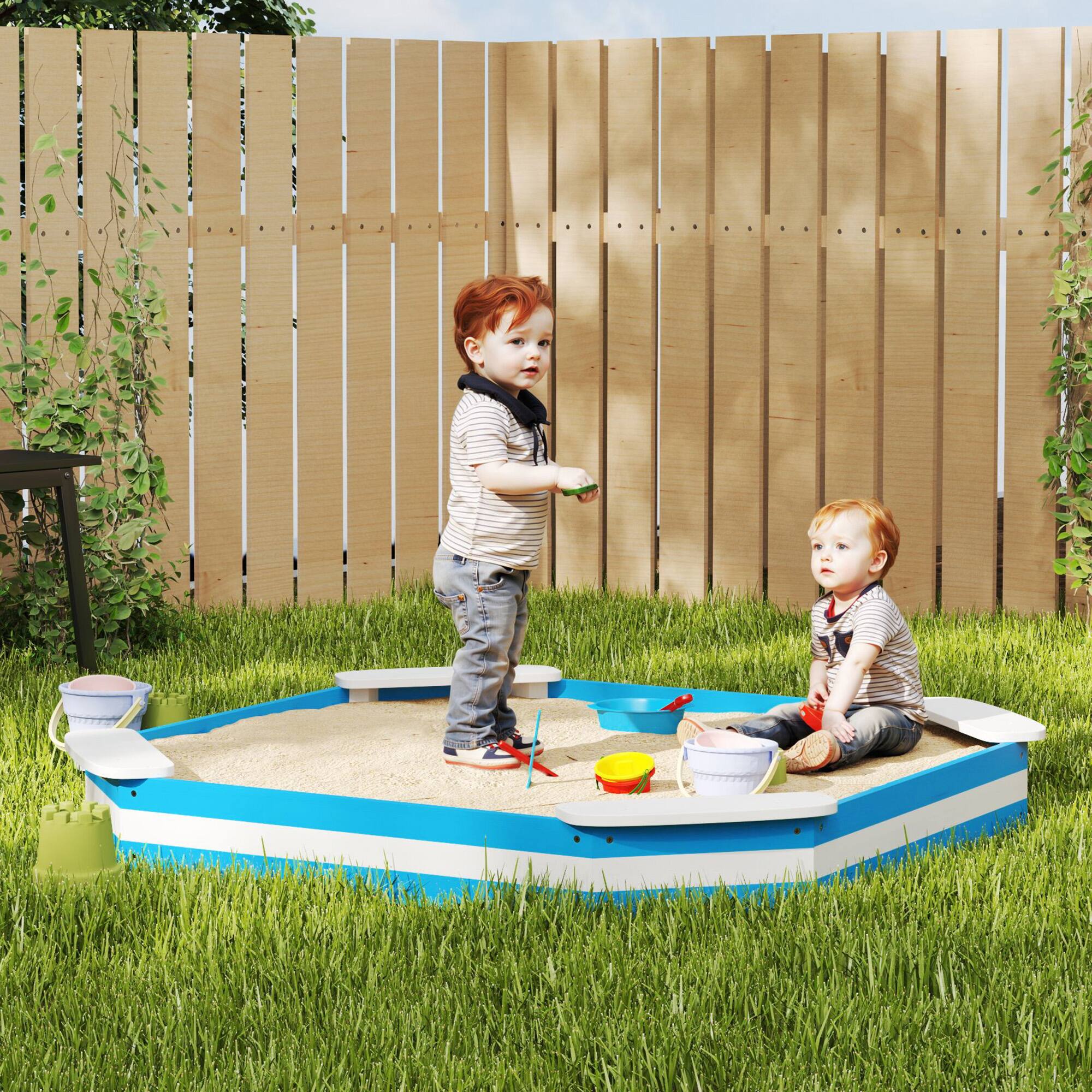 Alt View 5. Qaba - Kids Sandbox, Outdoor Wooden Sand Pit with 4 Corner Seats, Bottom Liner for Backyard, Garden, 52" x 52" x 6".