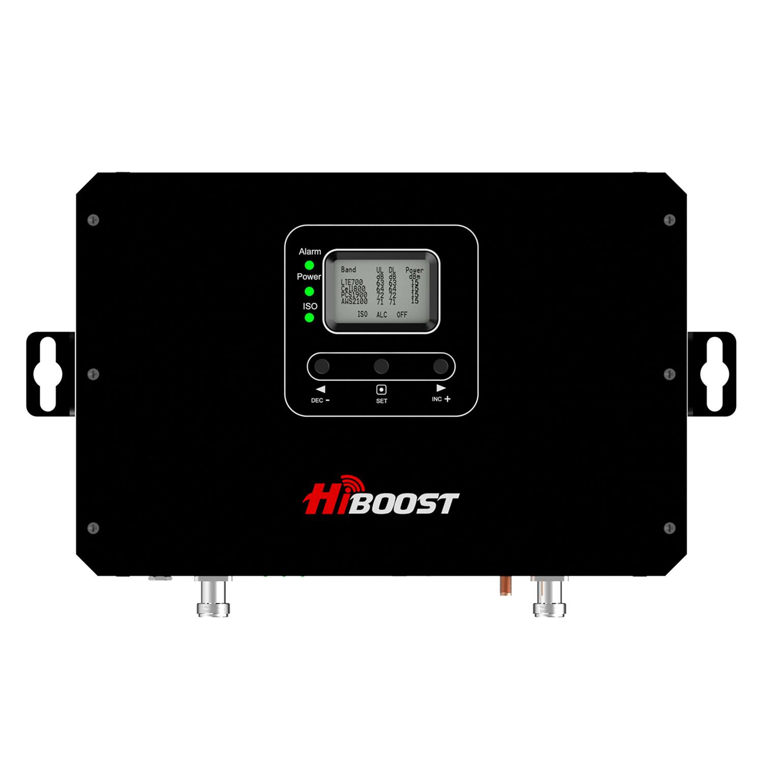 Sure, here is the corrected and grouped text from the image:

- Alarm
  - Power
  - ISO

- Band
  - LTE720
  - 4G
  - 750M

- ISO
  - A

- 122100
  - 71
  - 7

- 150
  - BLC OFF
  - DEO SET

- HiBOOST

- DEC -
- SET
- INC +