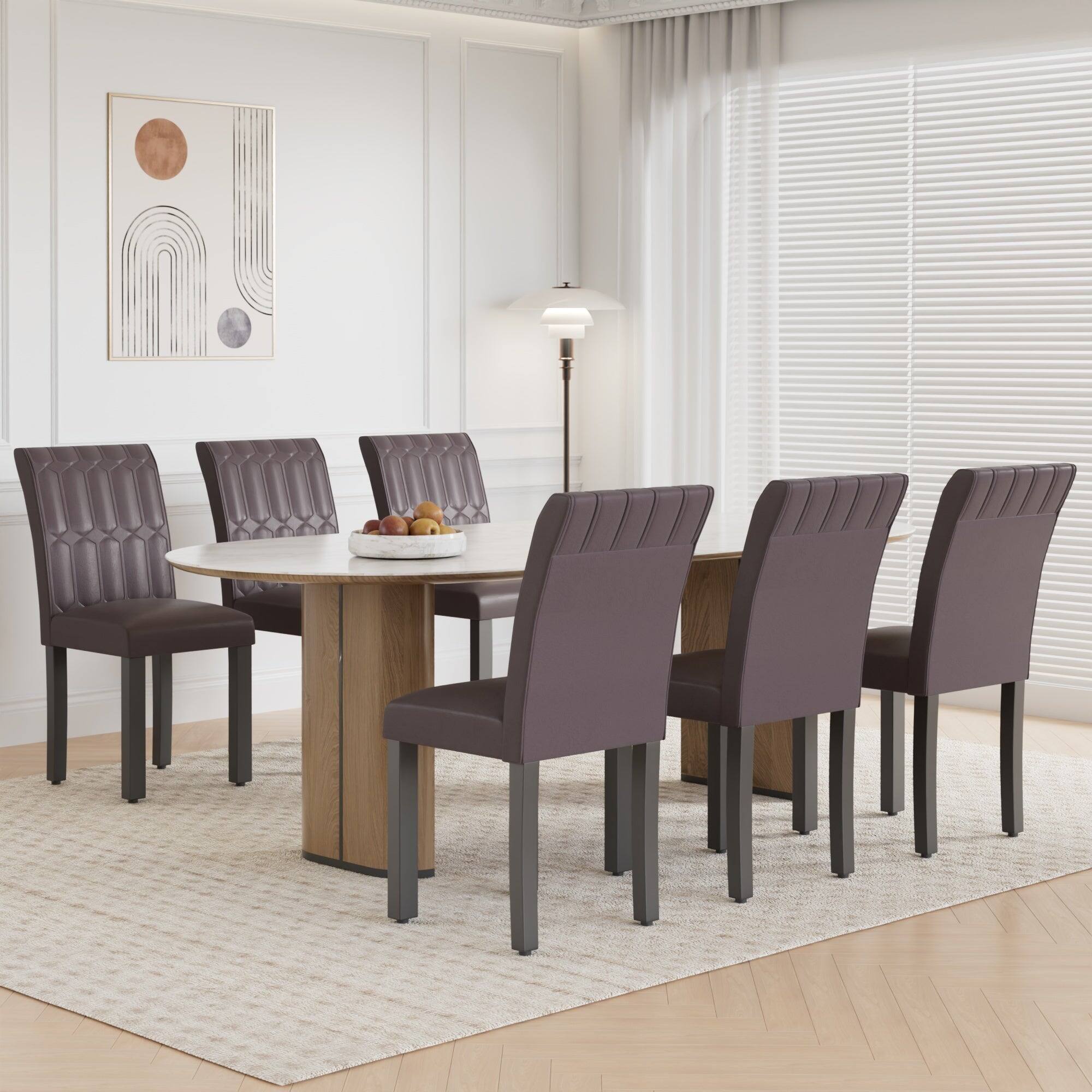 Back. Vecelo - Set of 6 PU Leather Dining Chairs  - Ergonomic High Back Chairs With Solid Wood Legs - Coffee.