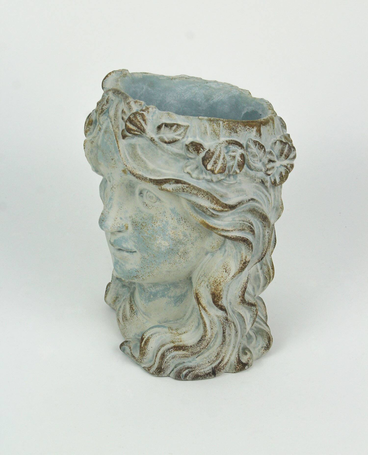 Alt View 1. Mayrich Company - Weathered Blue-Gray Concrete Olive Wreath Roman Lady Head Planter 8 Inches High Outdoor Décor - Grey.
